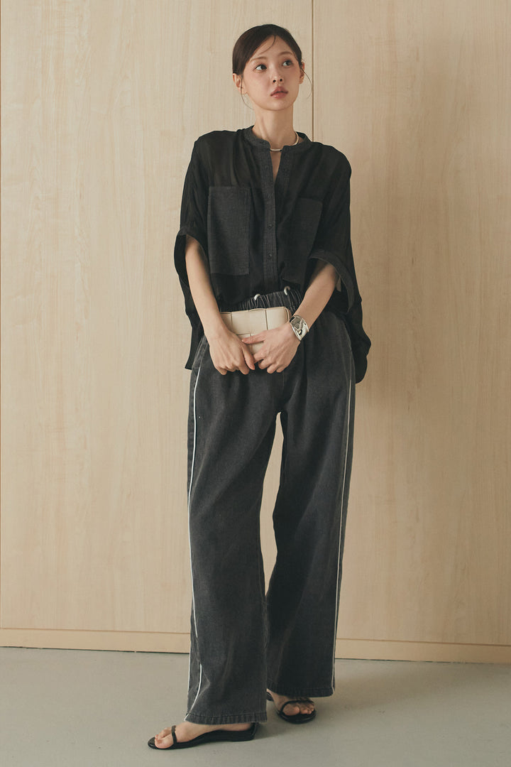 [SET]デニムライクビッグツーポケシアーシャツ+ドロストサイドラインデニムパンツ(2set)