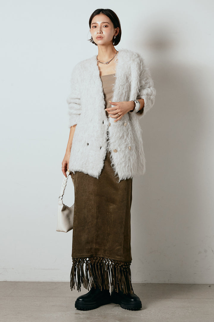 [SET]ウェーブシャギーニットジャケット+スウェードライク裾フリンジスカート(2set)