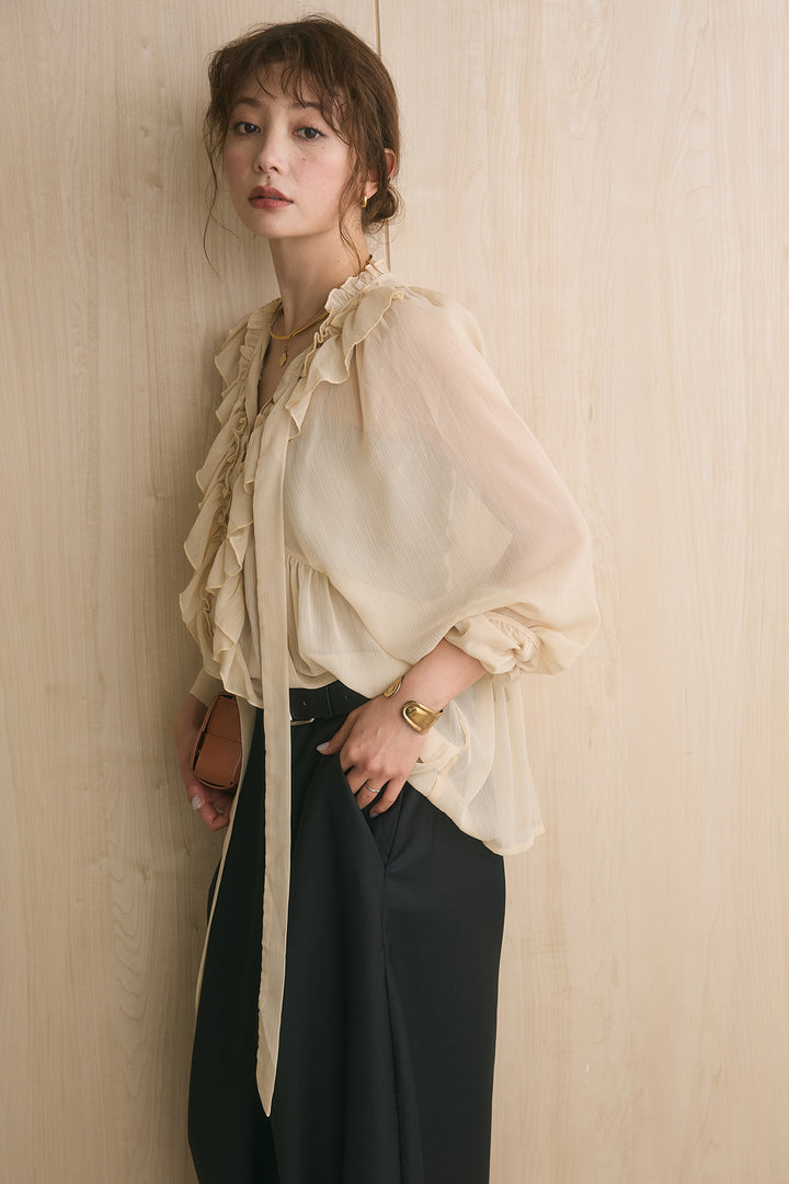 [SET]長袖ネックフリルブラウス+サイドベルトデザインタックワイドパンツ(2set)