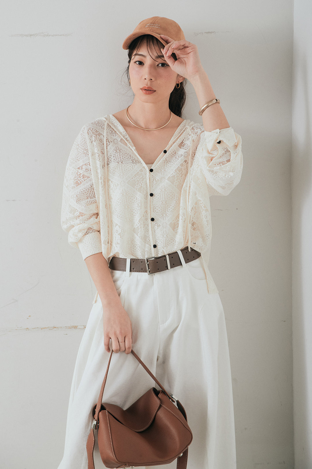 [SET]ブロックレースフード付きブラウス+ベルト付きサイドタックワイドパンツ(2set)