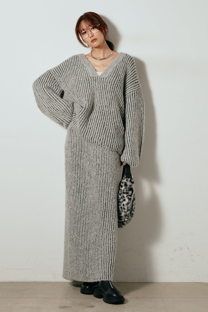 [SET]アルパカタッチ深Vニットトップス+アルパカタッチニットタイトスカート(2set)