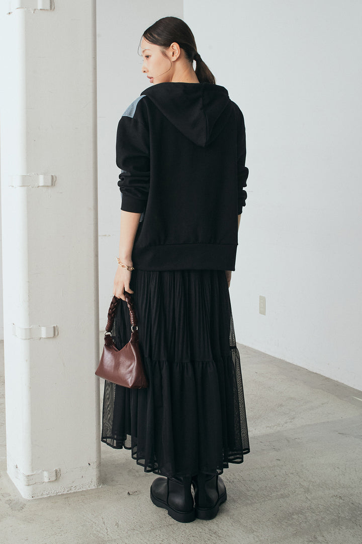 [SET]デニム切替ポンチダブルジップパーカー+ボリュームシルエットチュールスカート(2set)