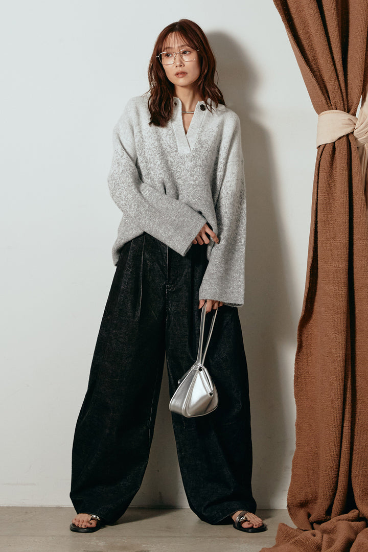 [SET]グラデーションラメニットキーネックプルオーバー+フロントタック入りコーデュロイパンツ(2set)