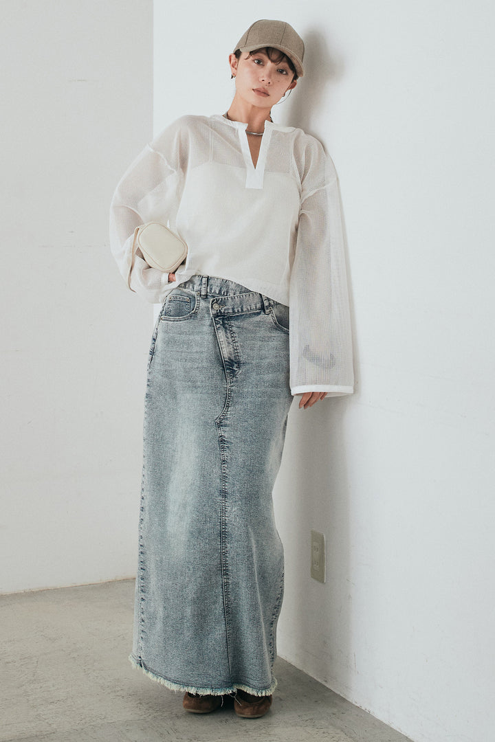 [SET]メッシュカットソースキッパープルオーバー+ウエストクロスデニムタイトスカート(2set)