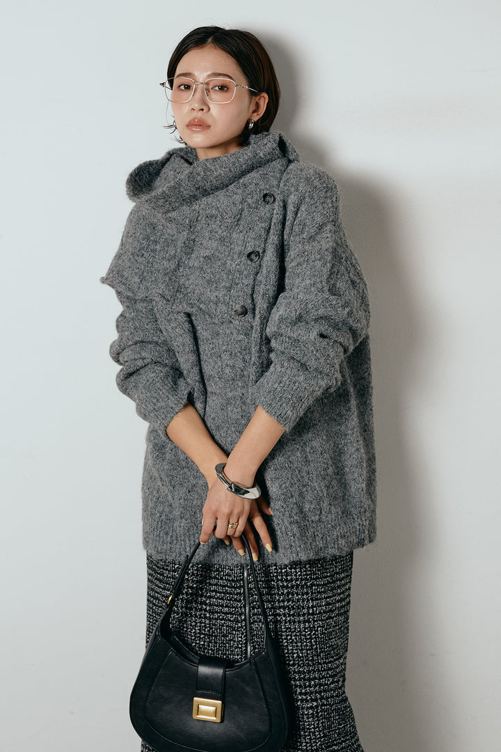 [SET]ケープデザインケーブルニットトップス+グレンチェック柄フロントジップタイトスカート(2set)