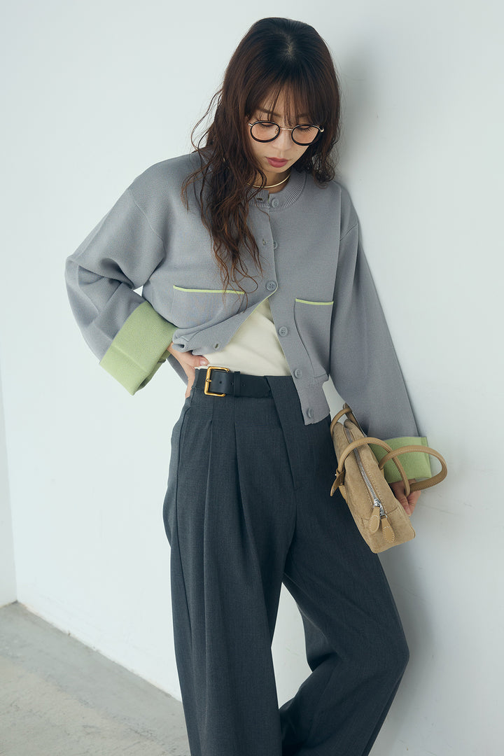 [SET]レーヨンポリダブルフェイスカーディガン+サイドベルトタック入りスラックス(2set)