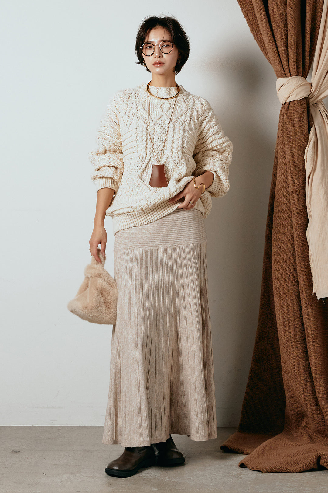 [SET]アラン柄ミックスケーブルニット+編み地切り替えフレアニットスカート(2set)