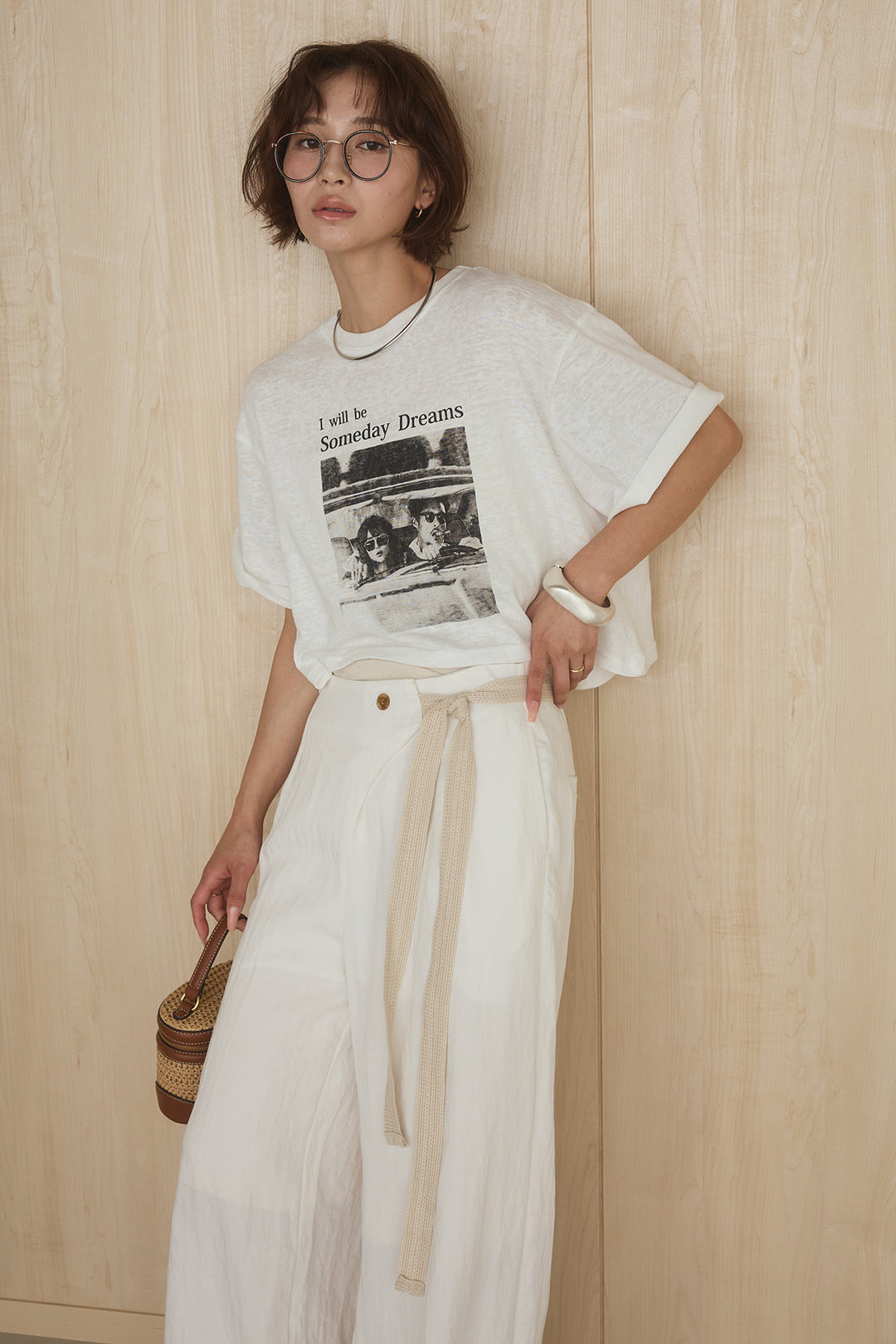 [SET]グラフィックサムデイワイドクロップドT+異素材ベルト付きラップ風ニュアンスワイドパンツ(2set)