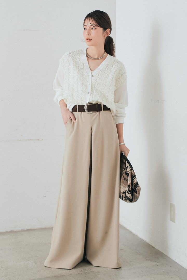 [SET]モコレースVネックカーディガン+太ベルト付きフロントタックパンツ(2set)