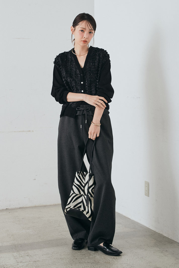 [SET]モコレースVネックカーディガン+カットダンボールウエストフリルカーブパンツ(2set)