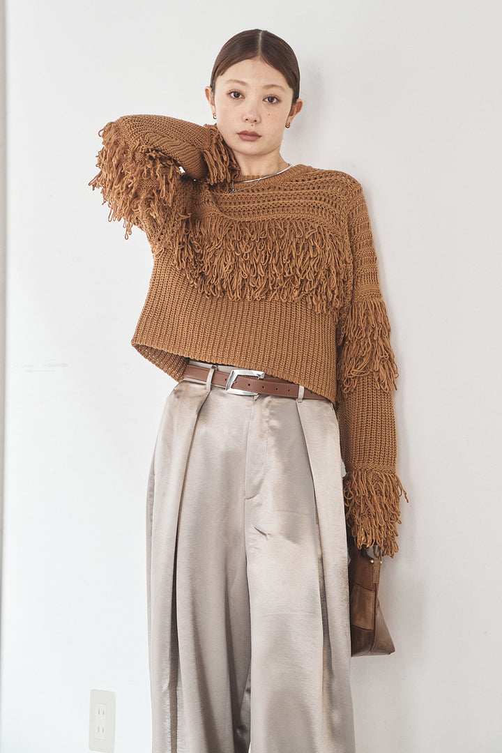 [SET]メッシュフリンジ切り替えプルオーバー+サテンタックワイドパンツ(2set)