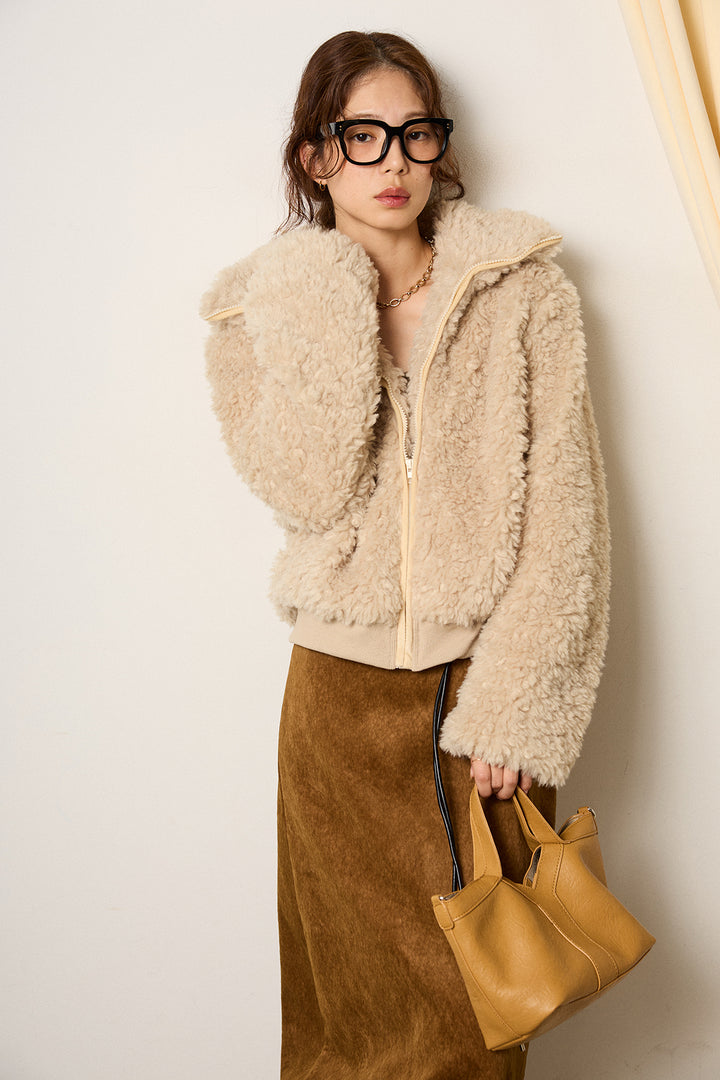 [SET]スタンドカラー裾リブボアブルゾン+ロープベルト付きスウェード調スカート(2set)