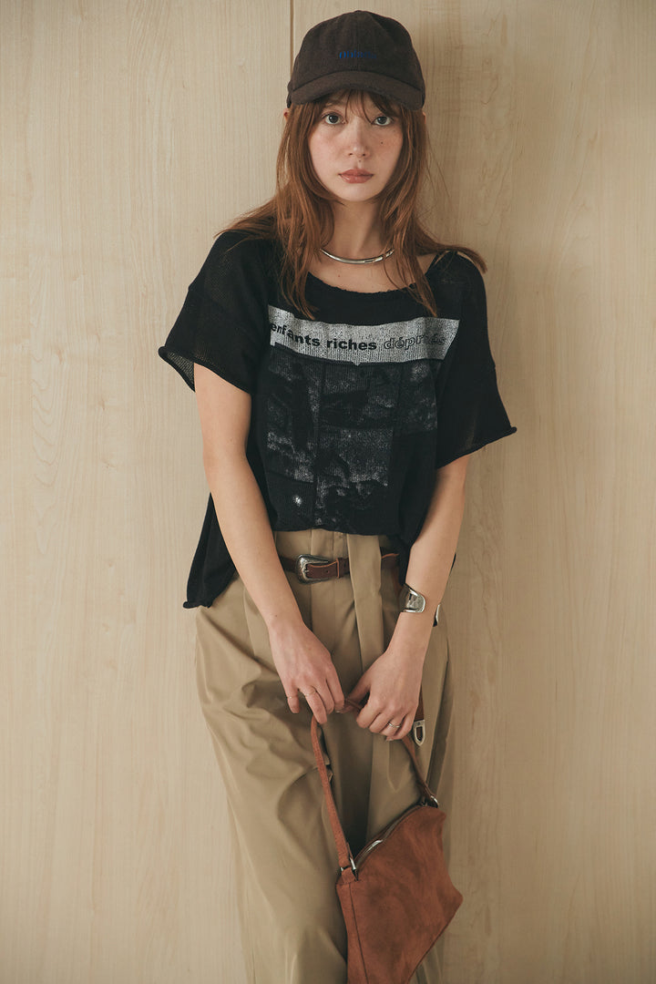 [SET]半袖モノトーングラフィックトップス+ベルトループデザインハイウエストタックパンツ(2set)