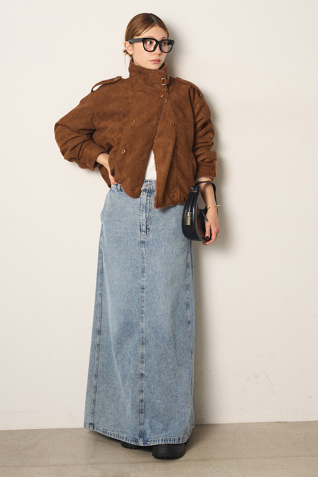 [SET]スタンド襟スウェードライクアウター+デニムロングフレアスカート(2set)