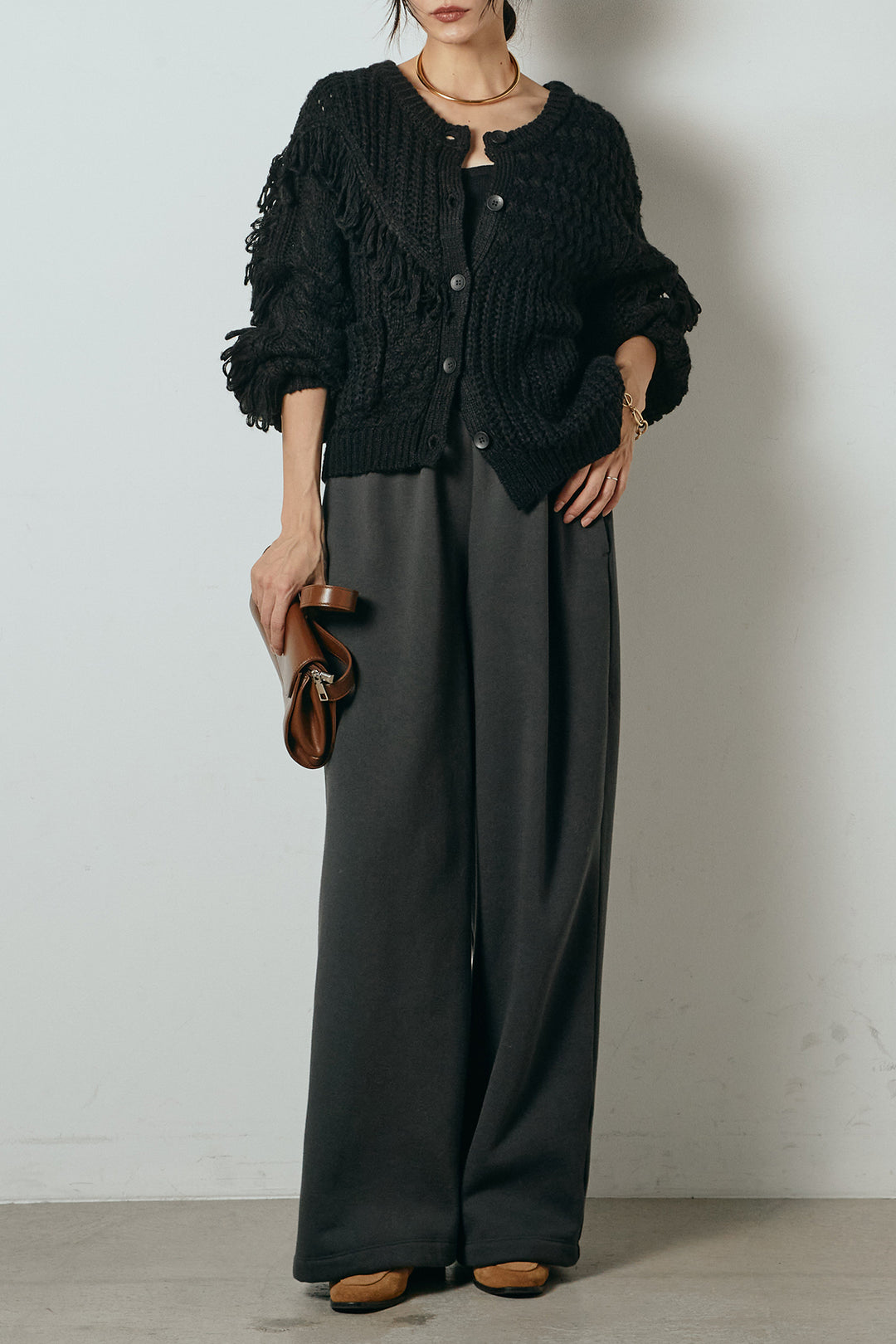 [SET]ランダムフリンジニットカーディガン+裏起毛スウェットワイドパンツ(2set)