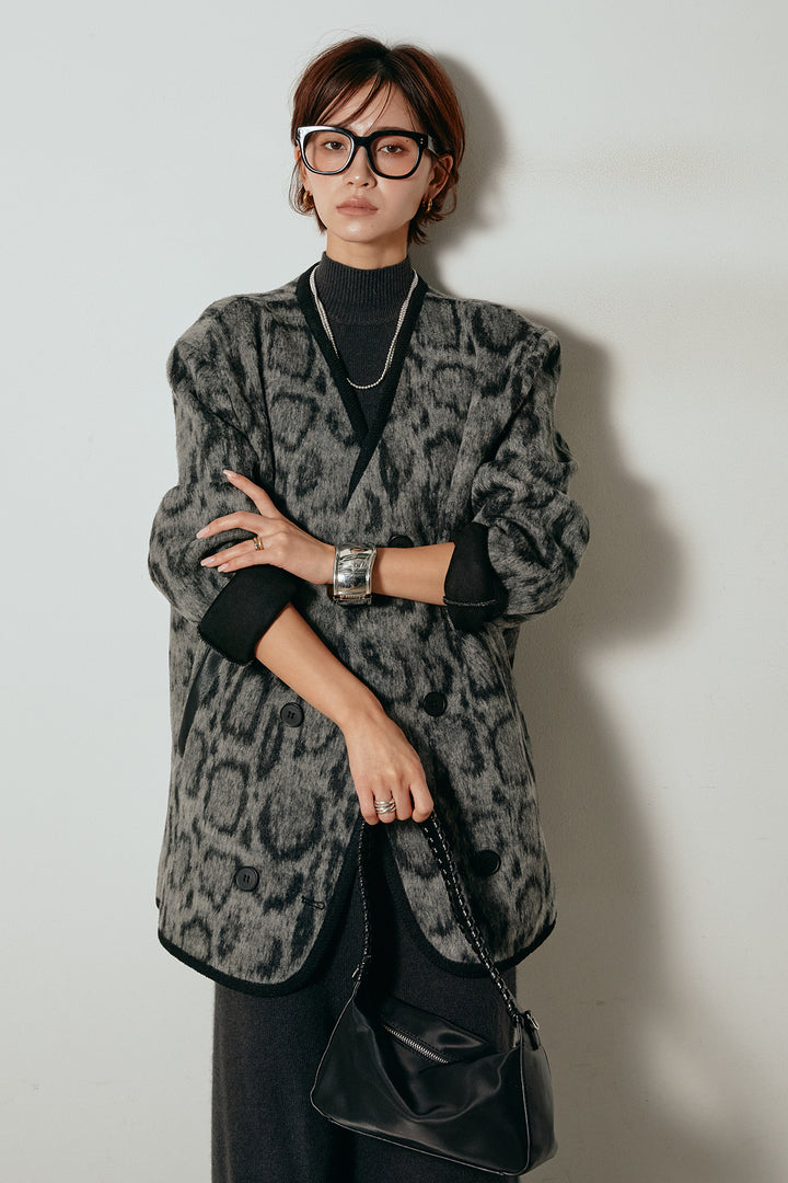[SET]ノーカラーレオパード柄アウター+ノースリーブニットロングワンピース(2set)