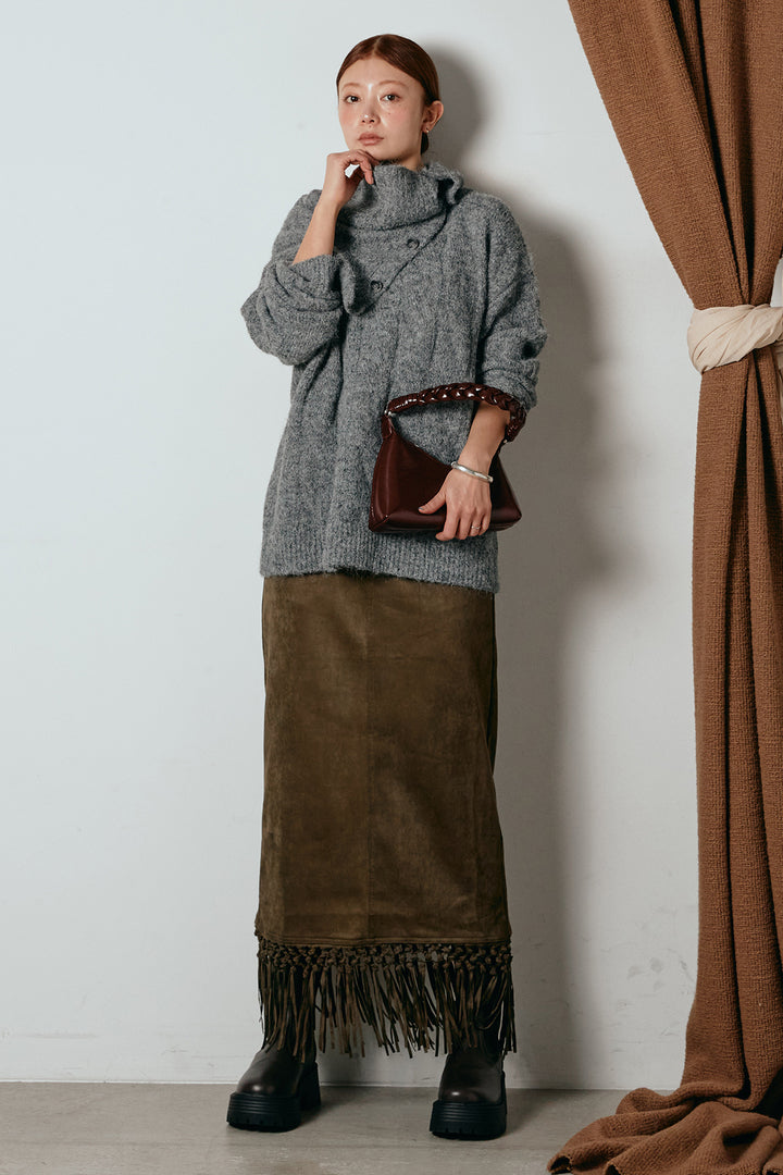 [SET]ケープデザインケーブルニットトップス+スウェードライク裾フリンジスカート(2set)