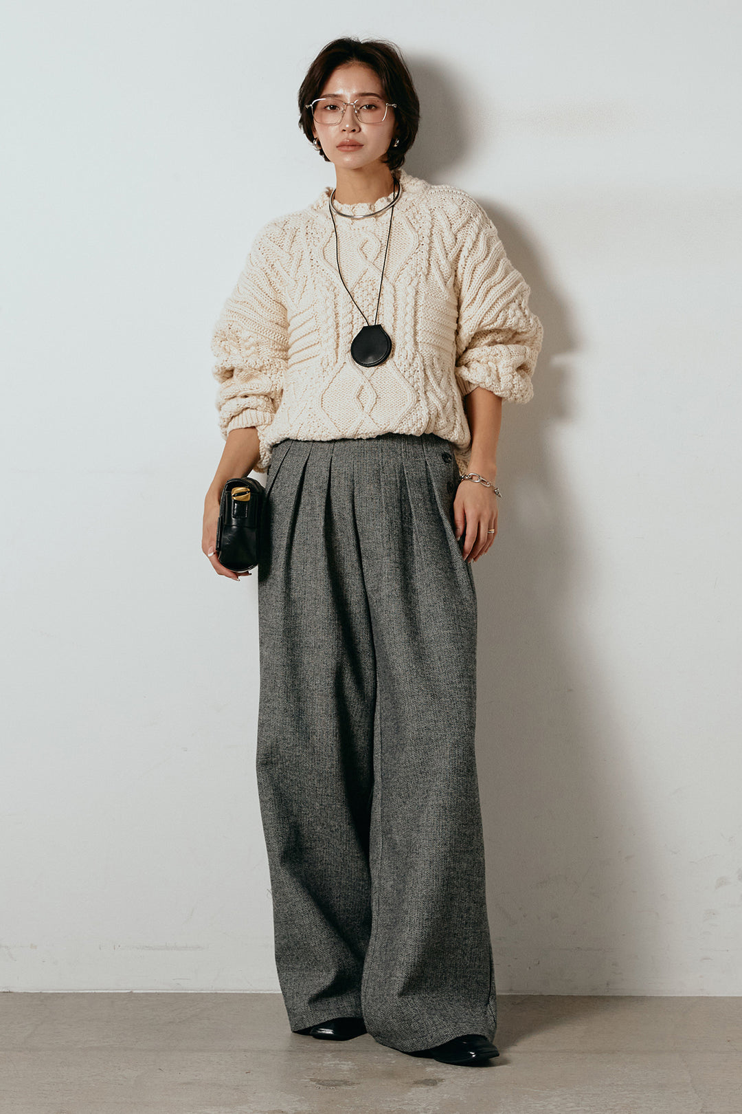 [SET]アラン柄ミックスケーブルニット+サイドボタンツイードタックパンツ(2set)