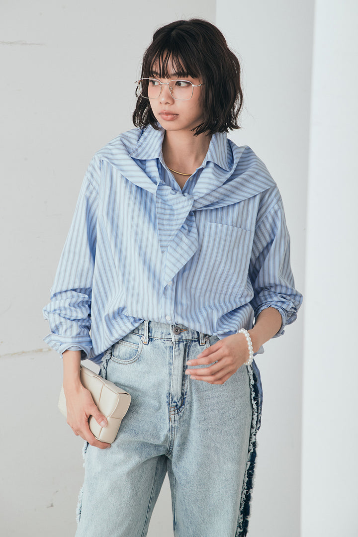 [SET]ランダムストライプスカーフ付きシャツ+デニムサイドフリルパンツ(2set)