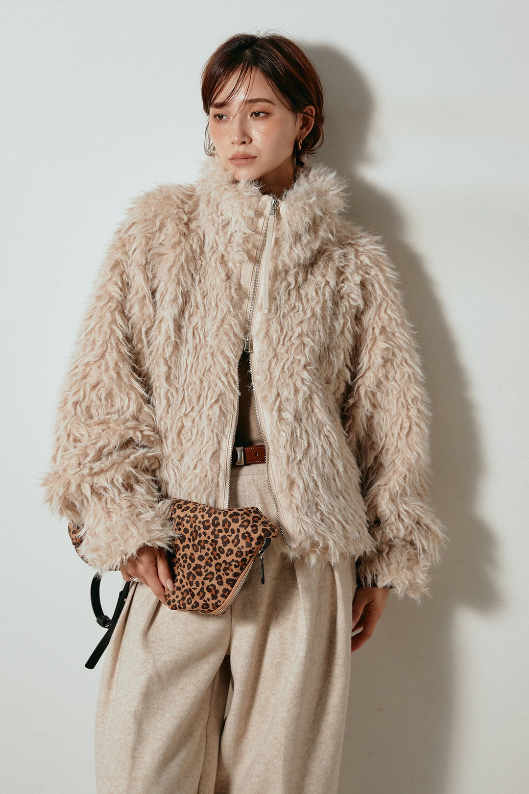 [SET]ミックスシープファースタンドブルゾン+フェイクウールタックトラウザーズパンツ(2set)