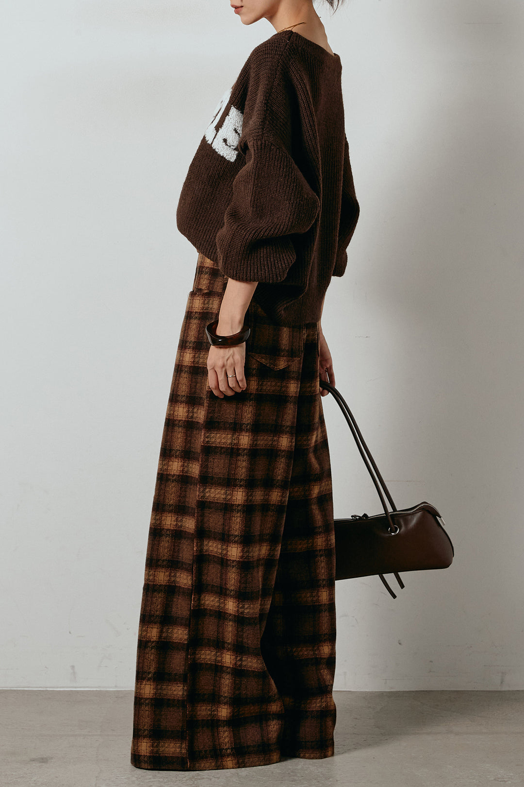 [SET]ロゴジャガードニットトップス+ルーズタータンチェックワイドパンツ(2set)