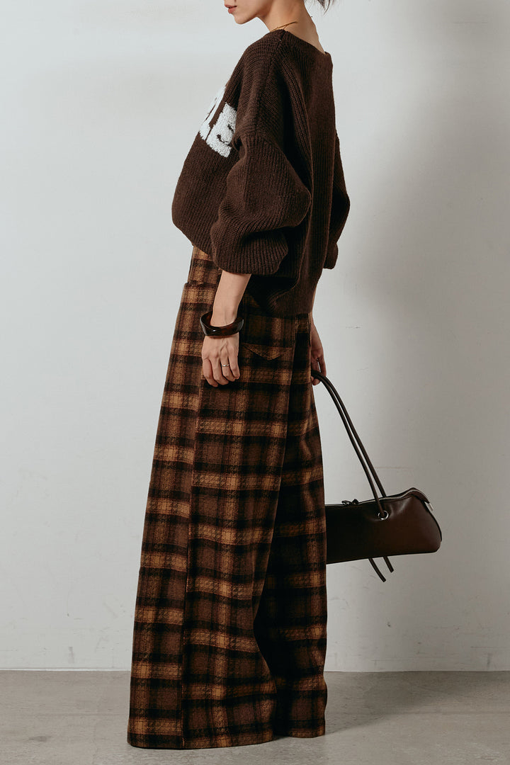 [SET]ロゴジャガードニットトップス+ルーズタータンチェックワイドパンツ(2set)