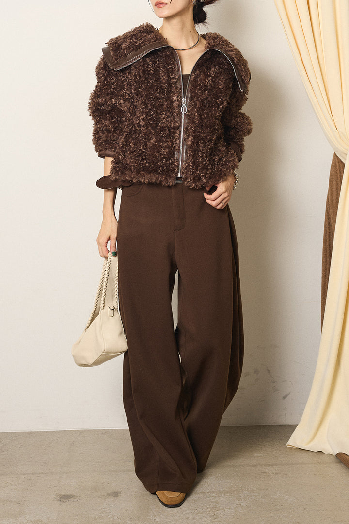 [SET]ビッグカラープードルボアアウター+編みベルト付きワイドパンツ(2set)