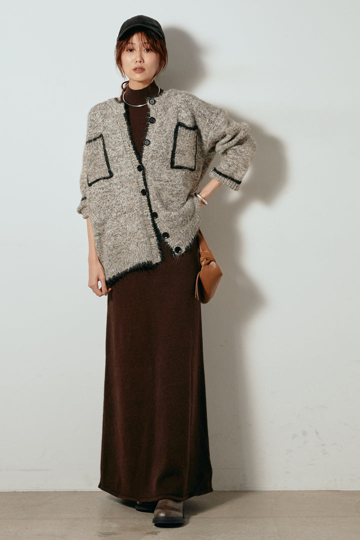 [SET]ミックスニットポケットカーディガン+ノースリーブニットロングワンピース(2set)