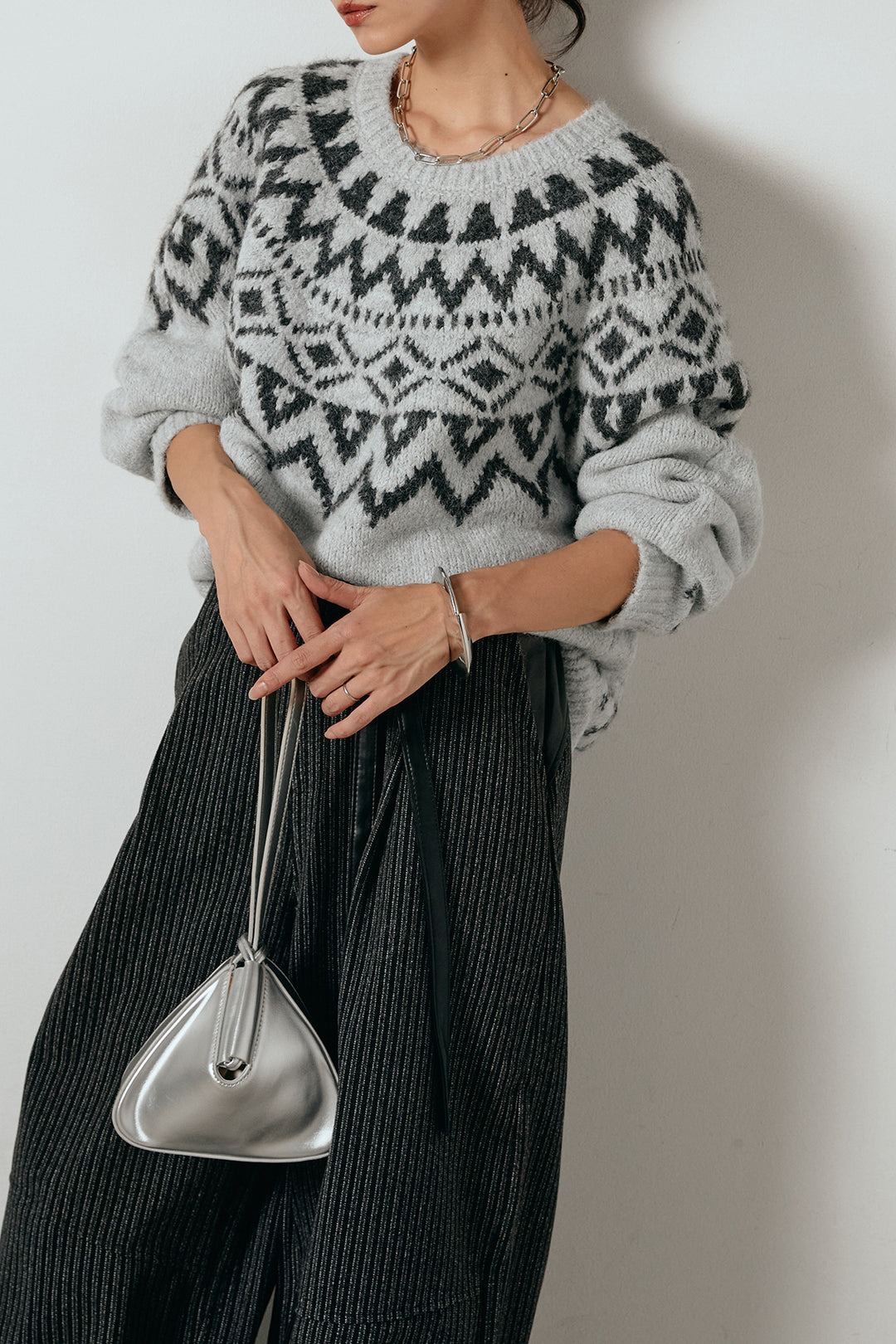 [SET]ノルディック柄Uネックプルオーバー+レザーライク配色ストライプパンツ(2set)