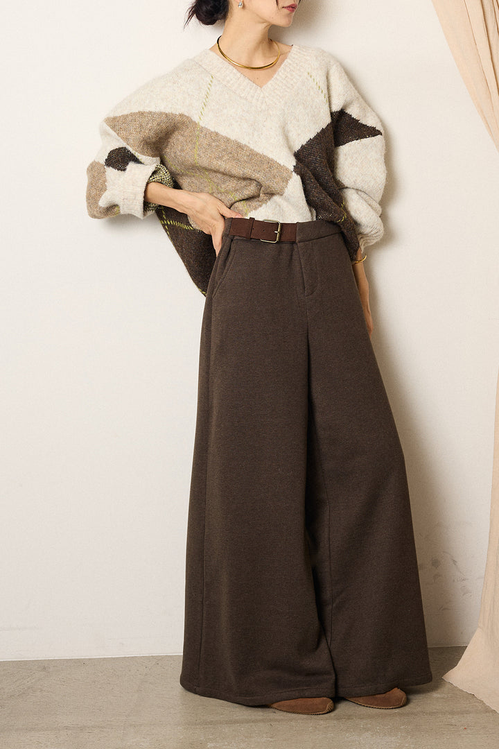 [SET]ルーズアーガイルVネックニット+サイドベルトパンツ(2set)