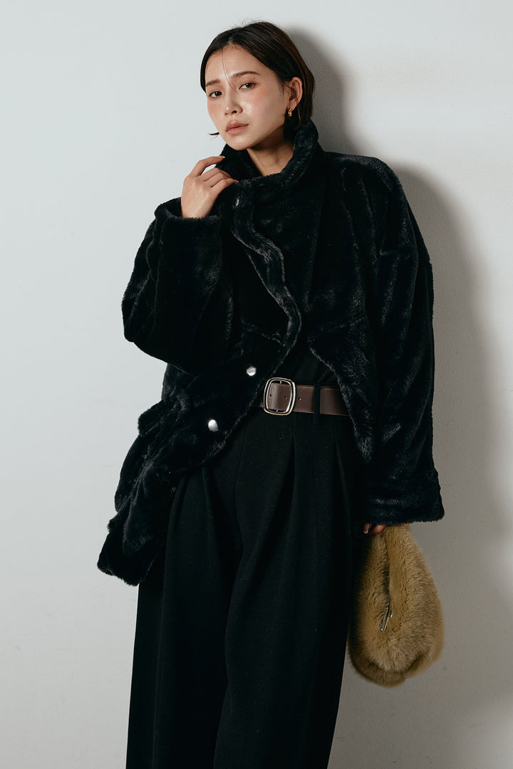 [SET]スタンドネックファーコート+フェイクレザー太ベルト付きタックワイドパンツ(2set)