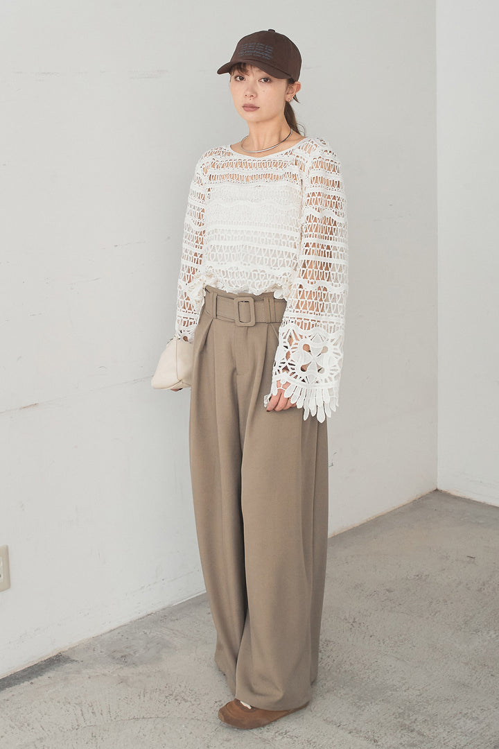 [SET]裾デザインメッシュプルオーバー+ベルト付きツータックワイドパンツ(2set)