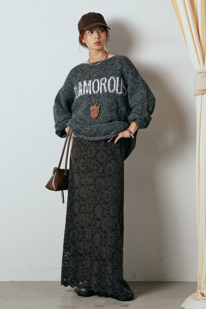 [SET]フロントロゴデザインニットトップス+花柄刺繍ベロアフレアスカート(2set)