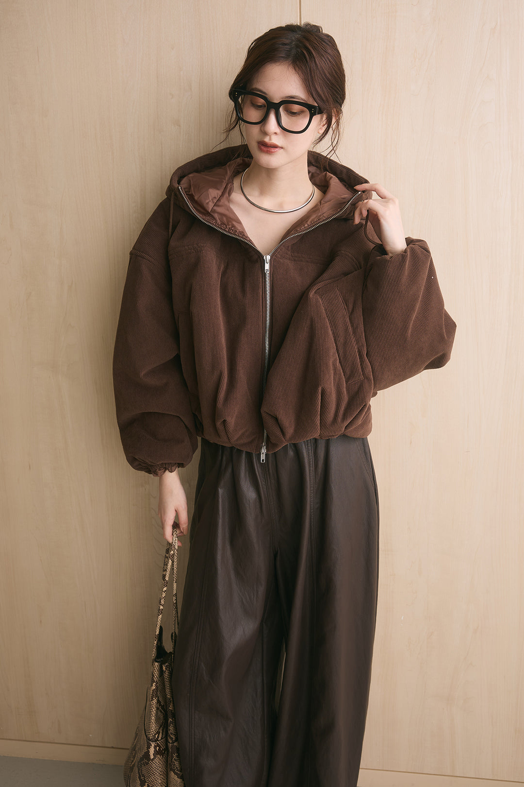 [SET]コーデュロイフーディバルーンブルゾン+フェイクレザーカーブワイドパンツ(2set)
