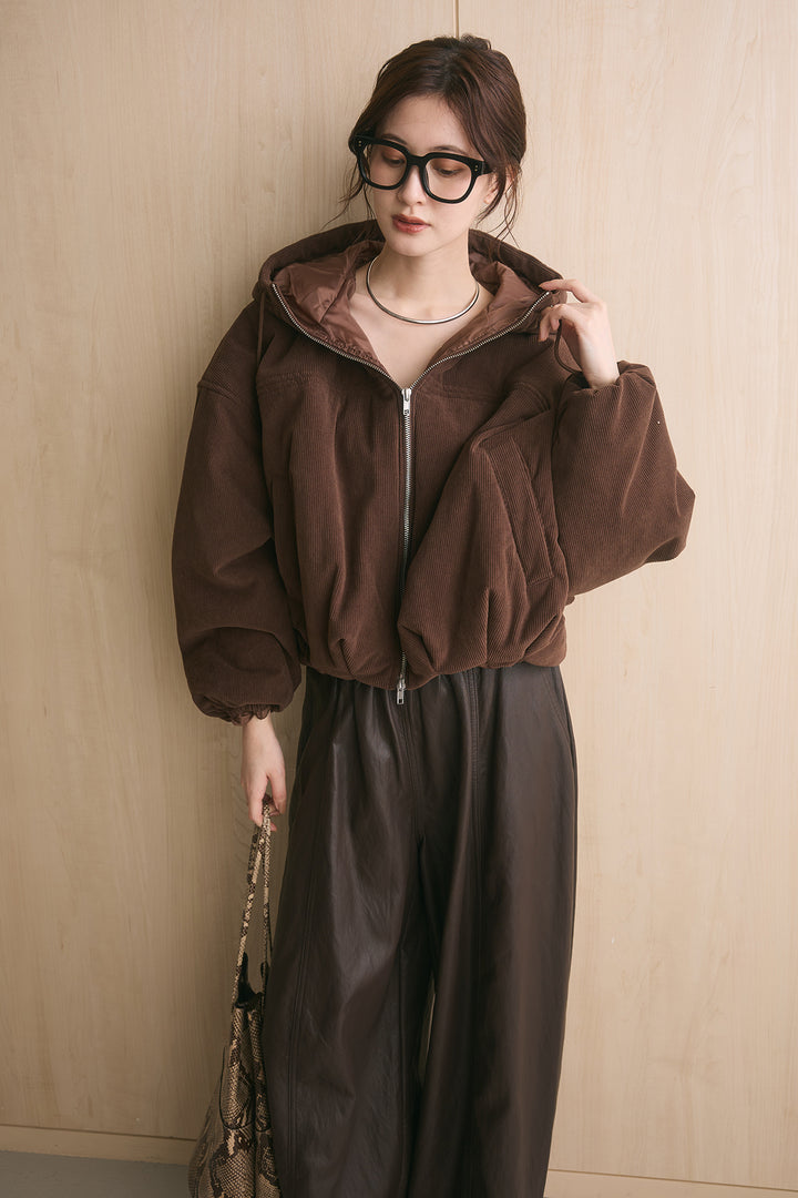 [SET]コーデュロイフーディバルーンブルゾン+フェイクレザーカーブワイドパンツ(2set)