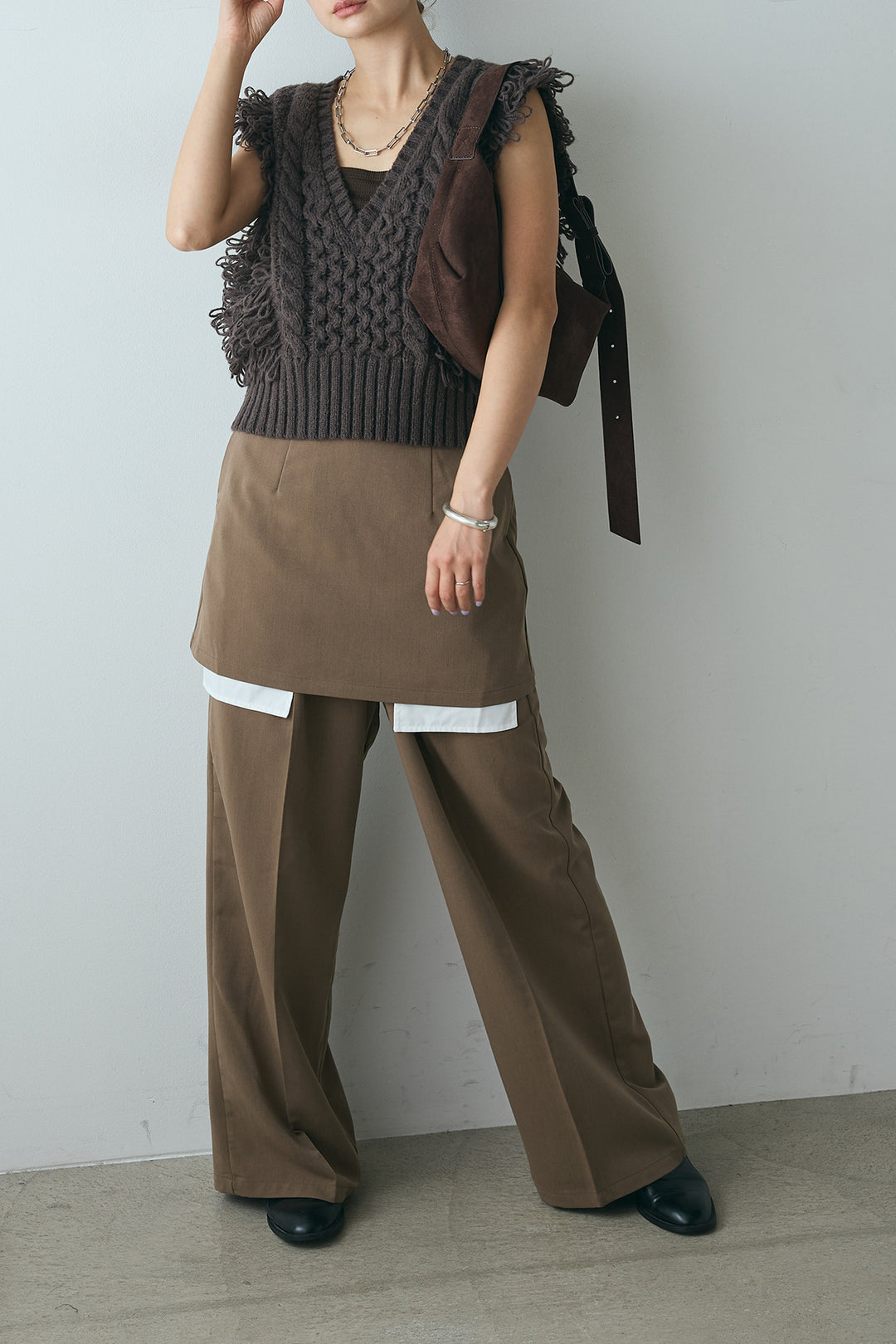 [SET]Vネックループフリンジニットベスト+ストレートパンツ＆ミニスカートセット(2set)