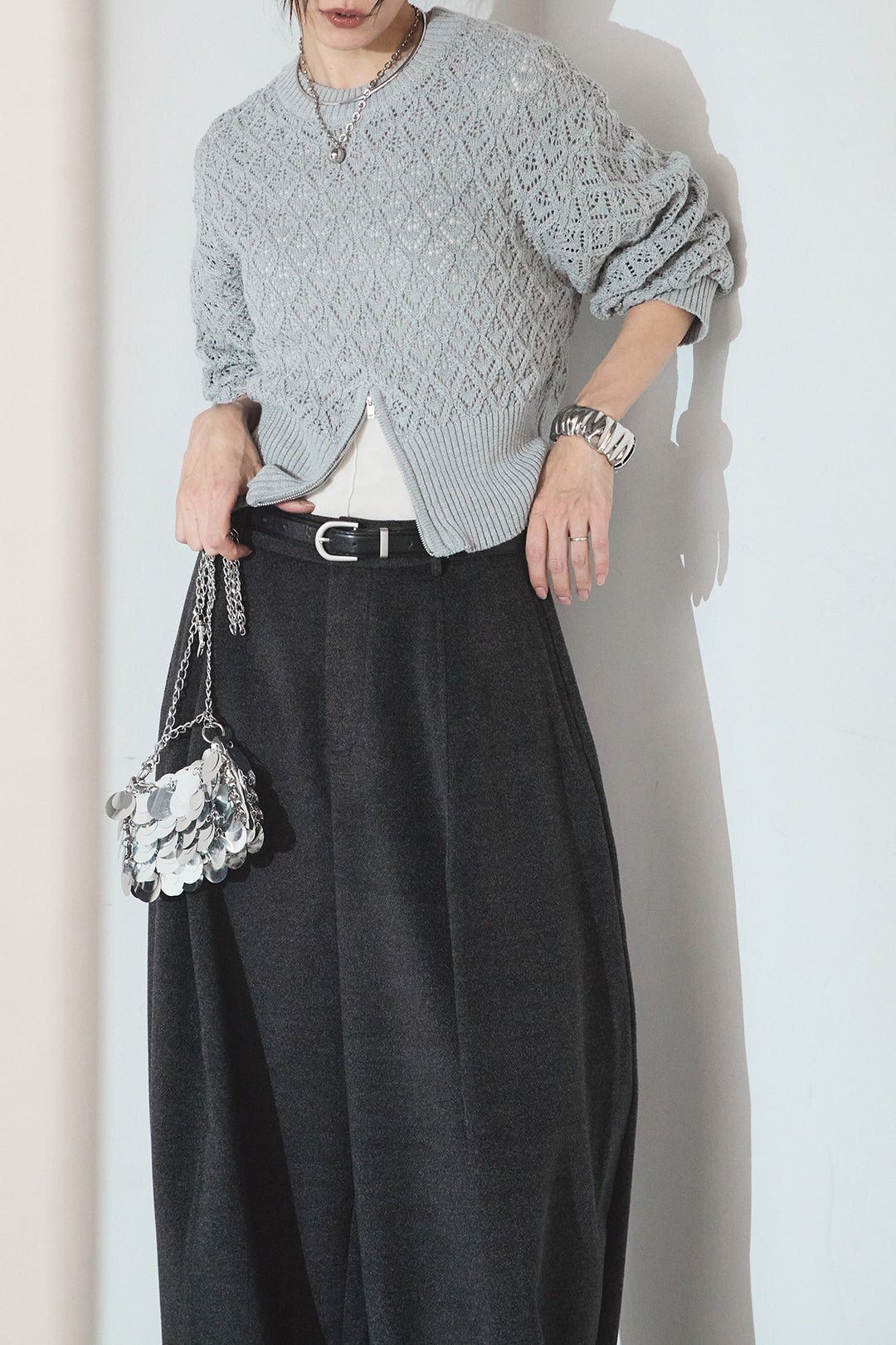 [SET]透かし編みニットジップスリットプルオーバー+ウールタッチカーブワイドパンツ(2set)