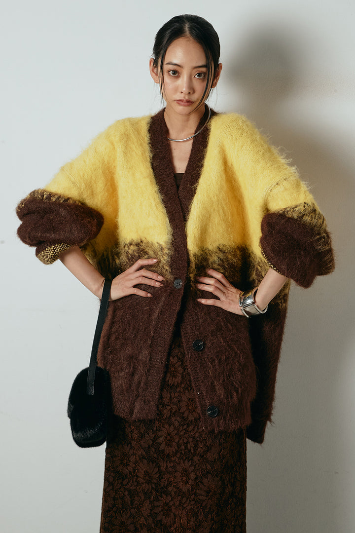 [SET]起毛グラデーションニットカーディガン+花柄刺繍ベロアフレアスカート(2set)