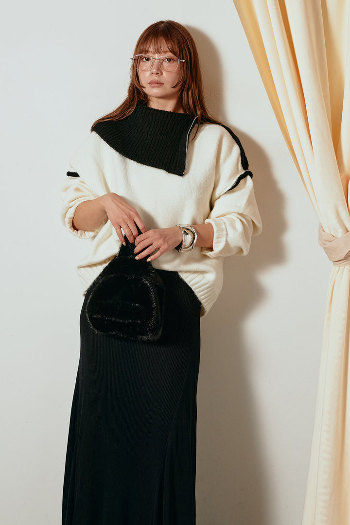 [SET]ハイネックジップデザインニットトップス+サイド切り替えリブニットロングスカート(2set)