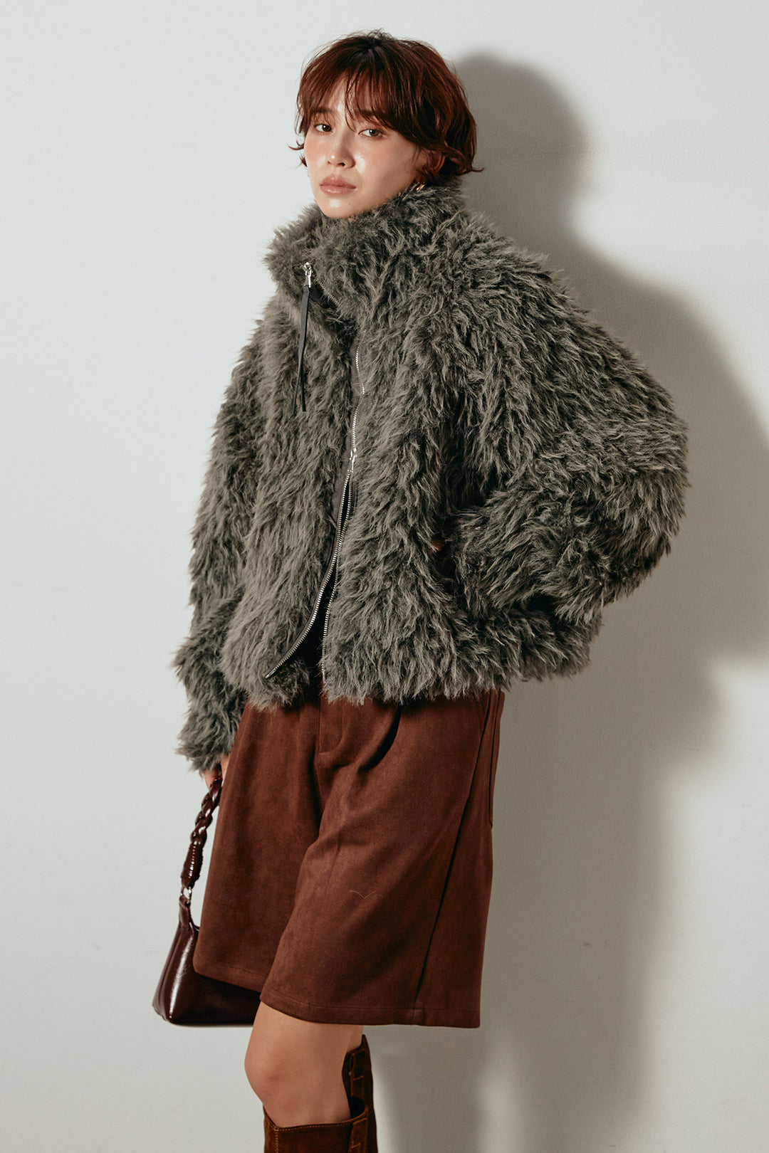 [SET]ミックスシープファースタンドブルゾン+フェイクスウェードハーフパンツ(2set)