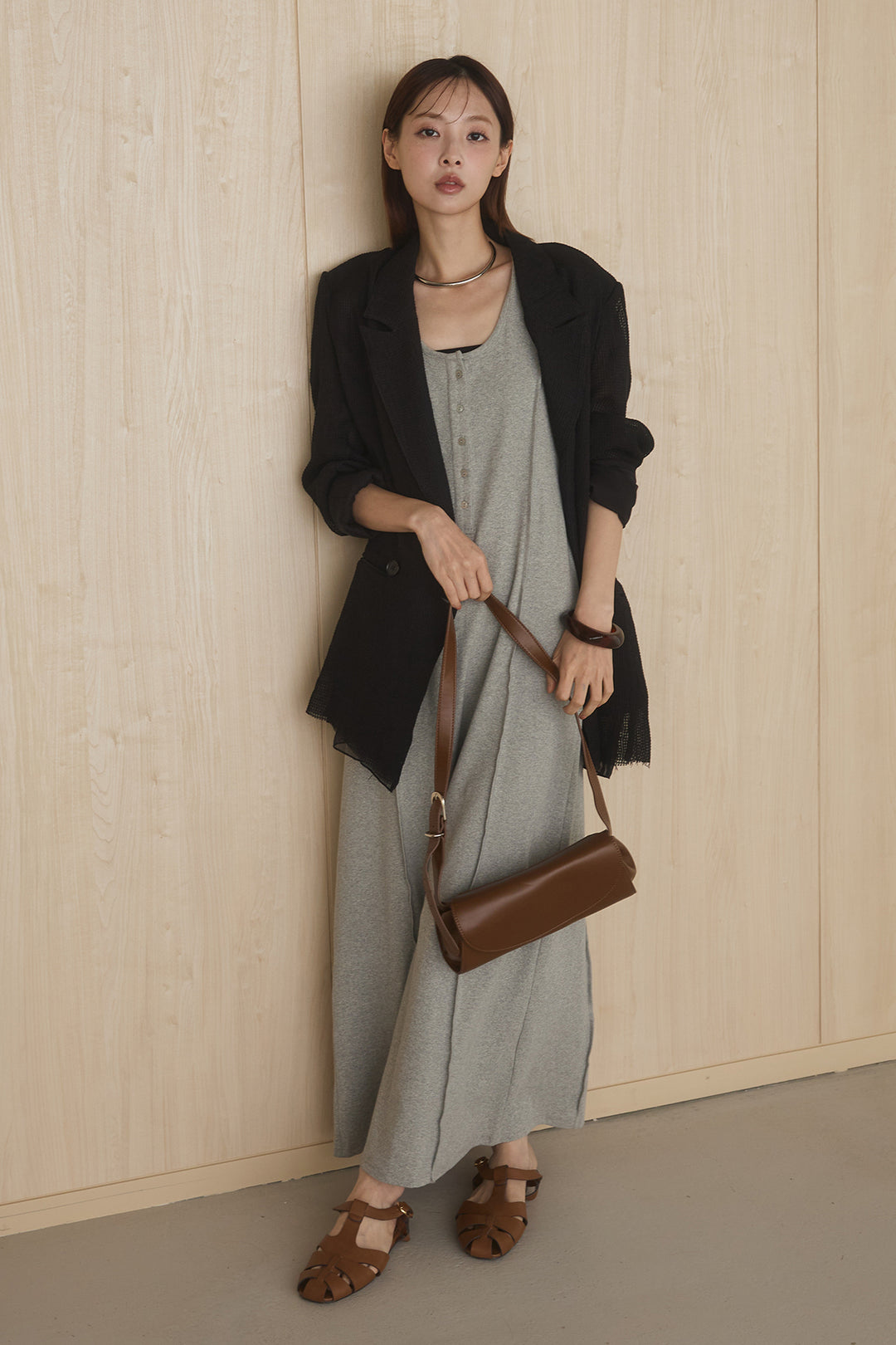 [SET]メッシュテーラードワイドジャケット+ノースリロングワンピース(2set)