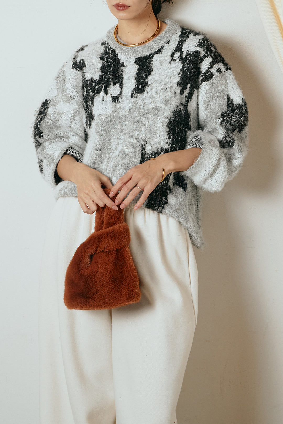 [SET]起毛ニュアンス柄ニットプルオーバー+裏起毛スウェットワイドパンツ(2set)