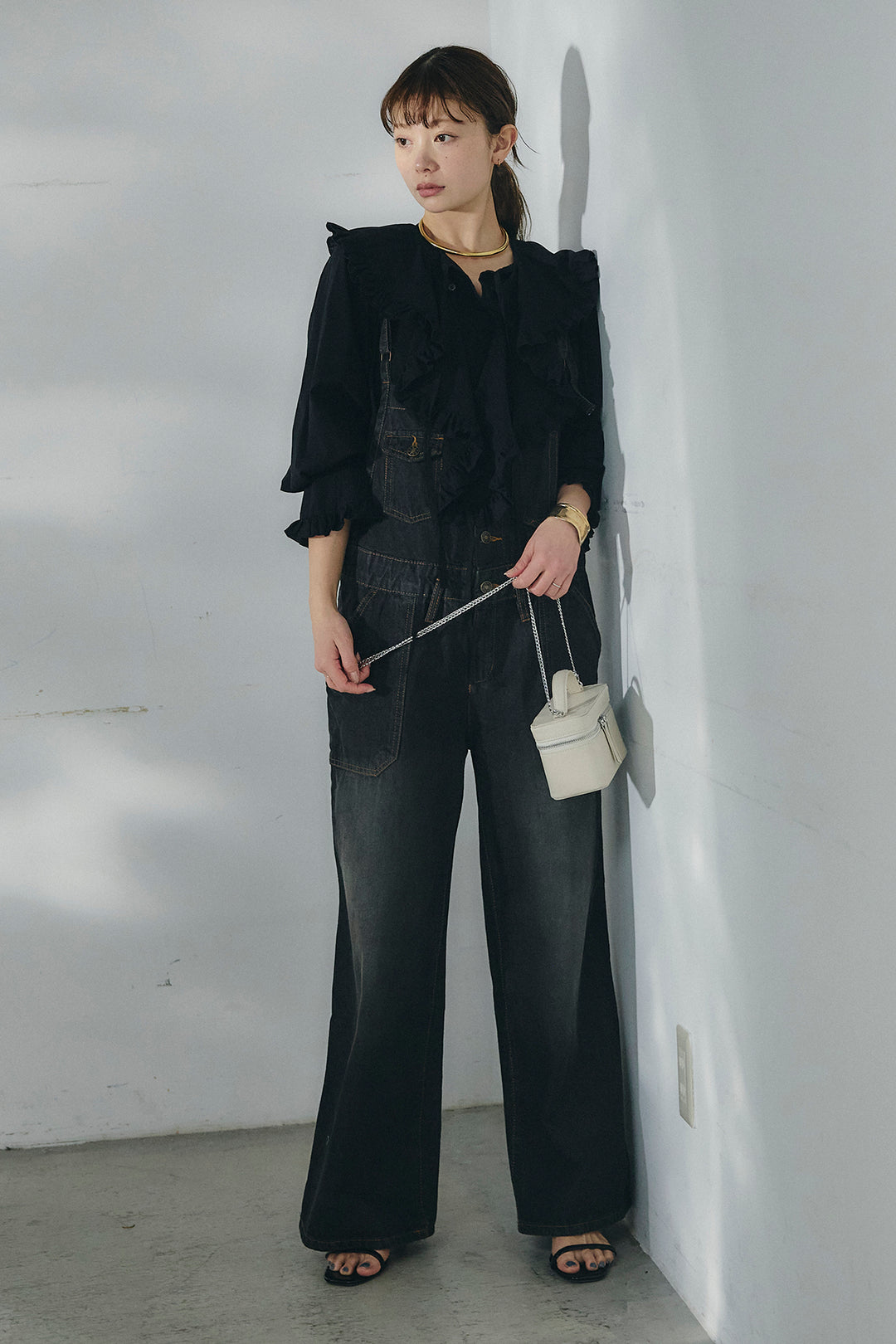 [SET]コットンフリルブラウス+デニムサロペットワイドパンツ(2set)