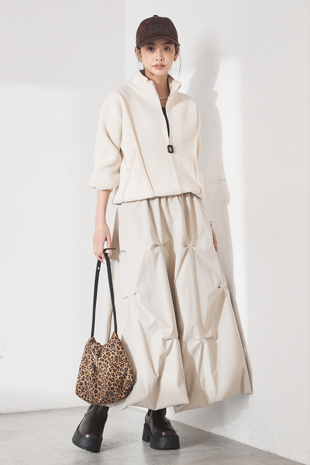 [SET]ハイネックパイピングデザインブルゾン+ランダムタックバルーンスカート(2set)