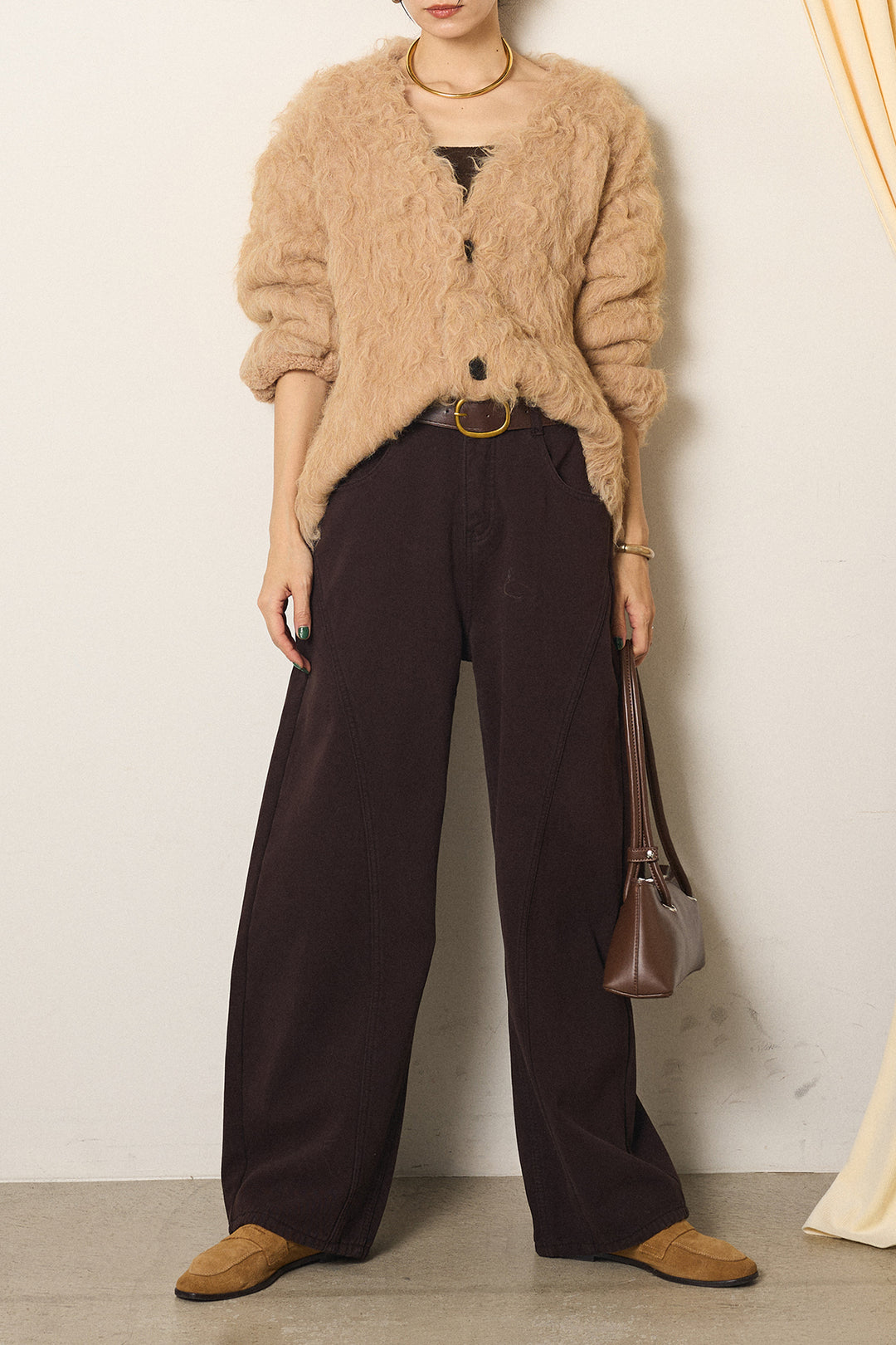 [SET]起毛シャギーニットカーディガン+ベルト付きカジュアルカーブワイドパンツ(2set)