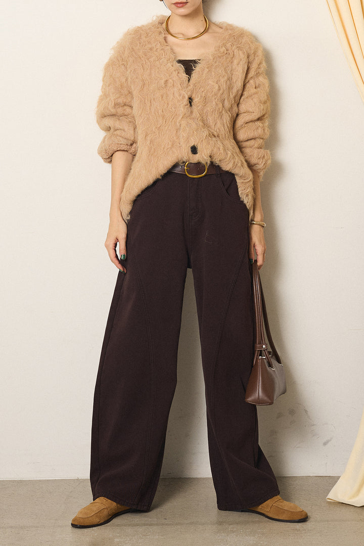 [SET]起毛シャギーニットカーディガン+ベルト付きカジュアルカーブワイドパンツ(2set)