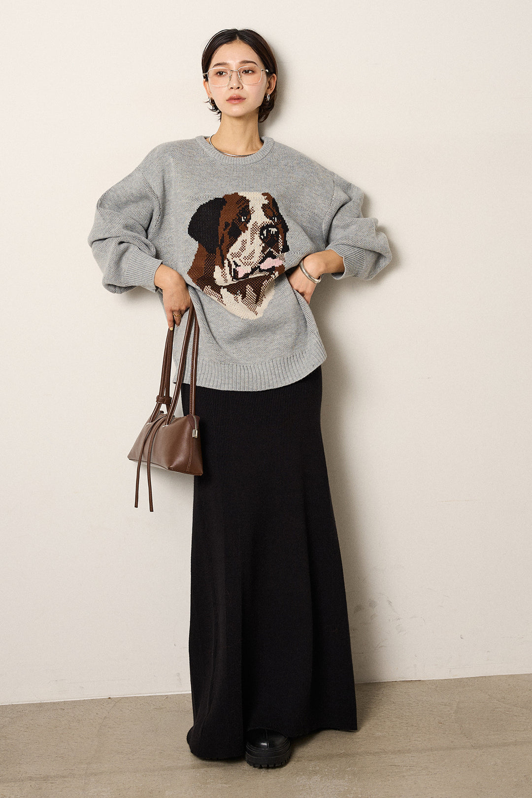 [SET]アニマルジャガード柄ニットトップス+リブナローニットスカート(2set)