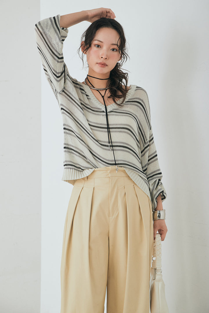 [SET]綿タッチVネックボーダートップス+ウォッシャブルエコレザータックパンツ(2set)