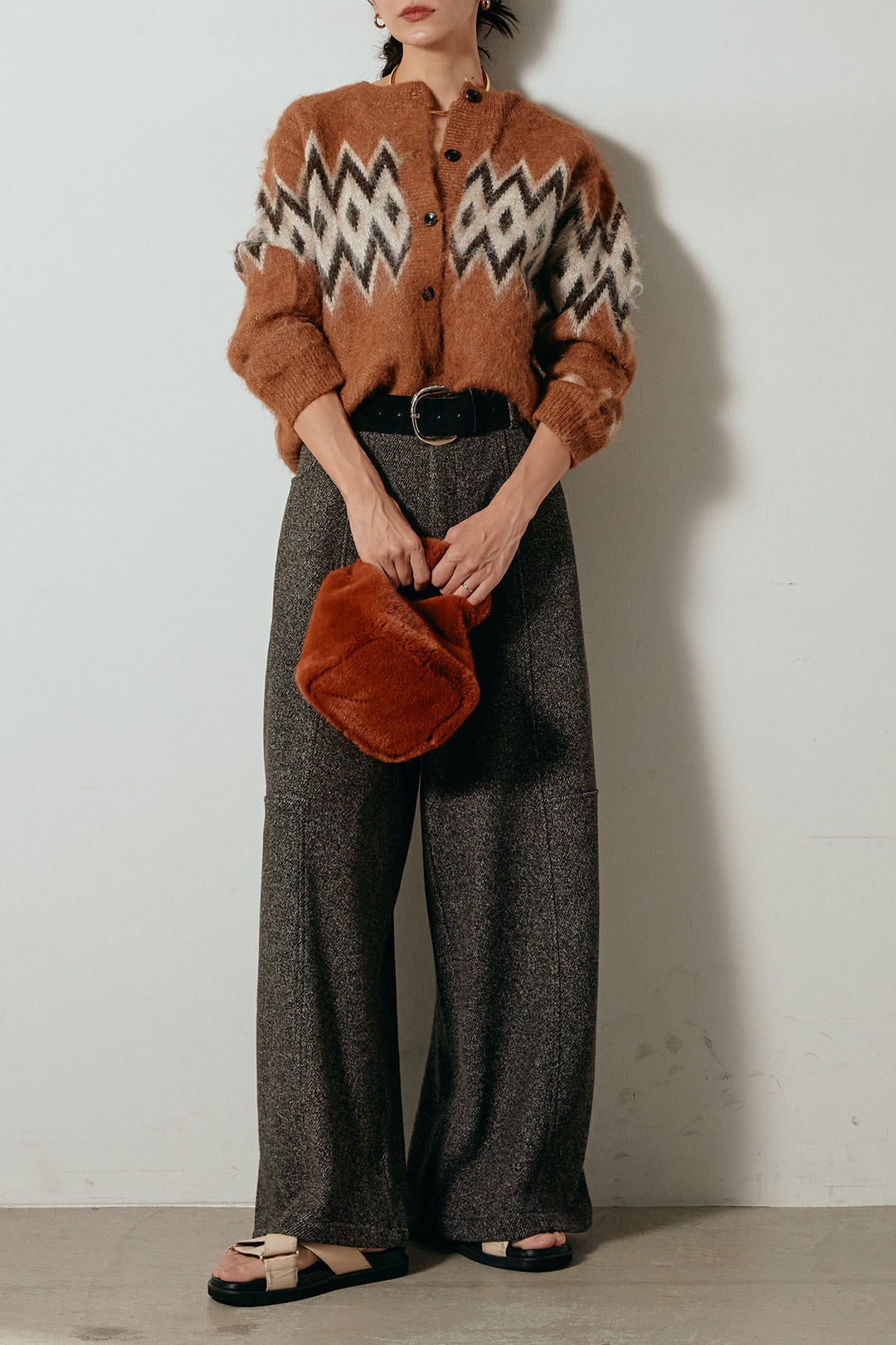 [SET]起毛ノルディック柄ニットカーディガン+太ベルト付きツイードワイドパンツ(2set)