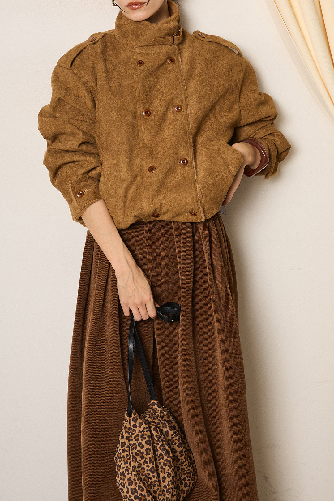 [SET]スタンド襟スウェードライクアウター+ベルトループコーデュロイワイドパンツ(2set)